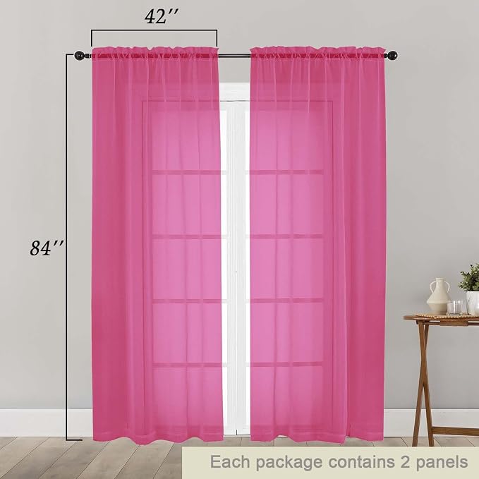 Hot Pink Sheer Curtains 84 Inches Long 2 Panels Set - Image 2