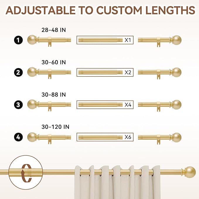 Gold Curtain Rod for Windows 28 to 48 Inch, 2 Pack 5/8 Inch Diameter Adjustable - Image 5