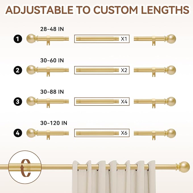 Gold Curtain Rod for Windows 66 to 120 Inch, 5/8 Inch Diameter Adjustable - Image 5