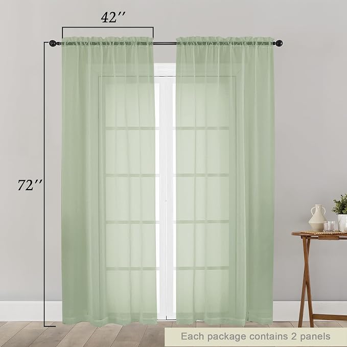 Light Green Sheer Curtain for Bedroom Living Room 72 Inches Long 2 Panels Set - Image 2