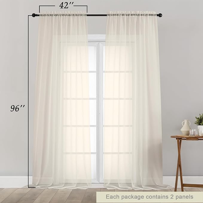 Cream Sheer Curtains for Bedroom Living Room 96 Inches Long 2 Panels, Modern - Image 2
