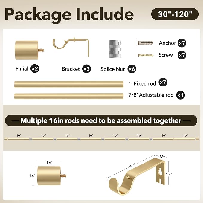 IFELS Heavy Duty Curtain Rods for Windows 66 to 120 Inch, 1 Inch Gold Curtain - Image 6