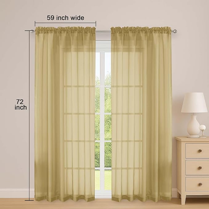 OWENIE Gold Sheer Curtains 72 Inches Long 2 Panels Set, Transparent Voile Sheer - Image 2