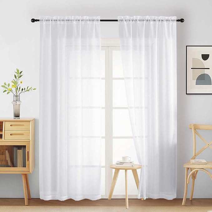 White Sheer Curtains 90 Inches Long 2 Panels, Light Filtering Solid Sheer by Home