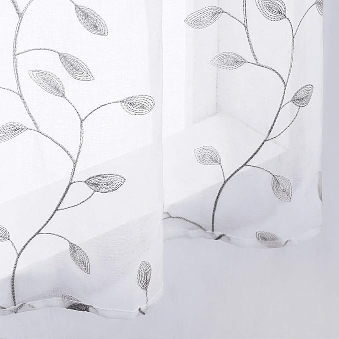 MRTREES Sheer Voile Curtain Valances 2 Panels, Leaves Embroidered Valance - Image 5