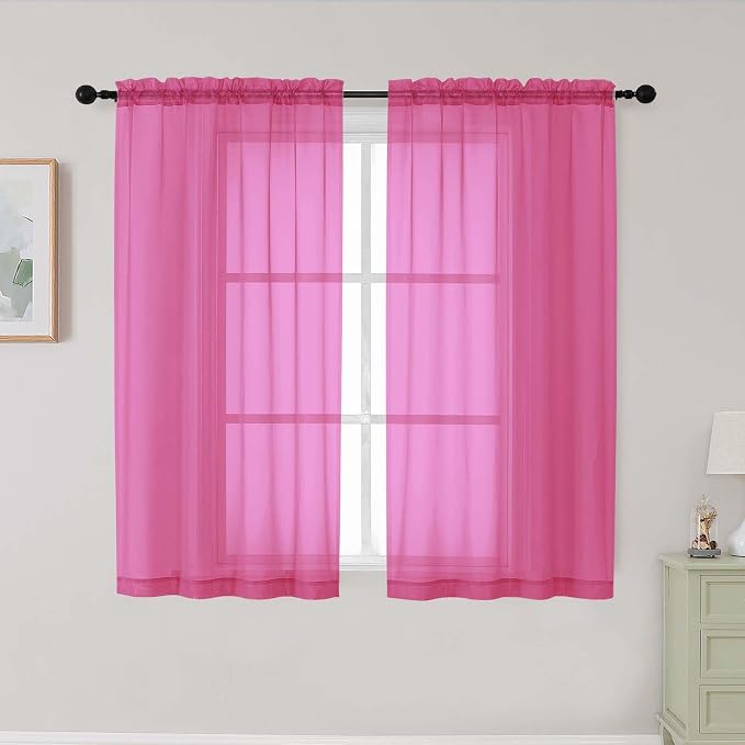 Hot Pink Sheer Curtains for Bedroom Living Room 45 Inch Length 2 Panels by WelvetBLK