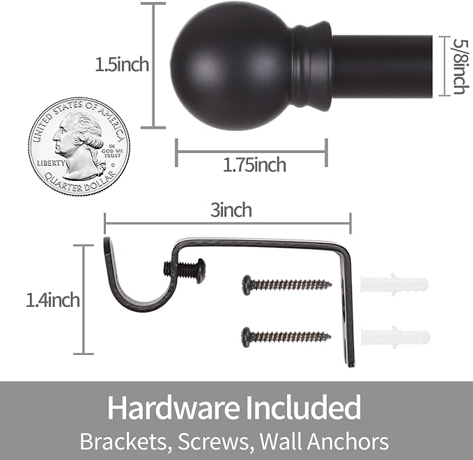 Thestoa Curtain Rods for Windows 48 to 84-92 inch, 5/8" Matte Black Curtain Rod - Image 3