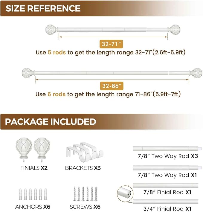 KAMANINA Curtain Rods for Windows 48 to 84 Inch, 7/8 Inch Decorative Drapery - Image 9