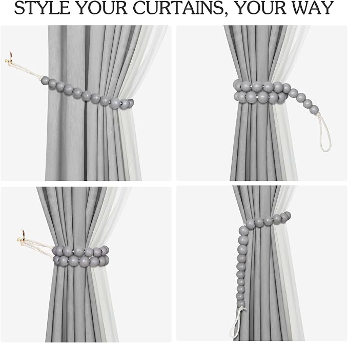 Hion 4 Pcs Boho Curtain Tiebacks, Wood Beads Curtain Holdbacks, Outdoor - Image 4