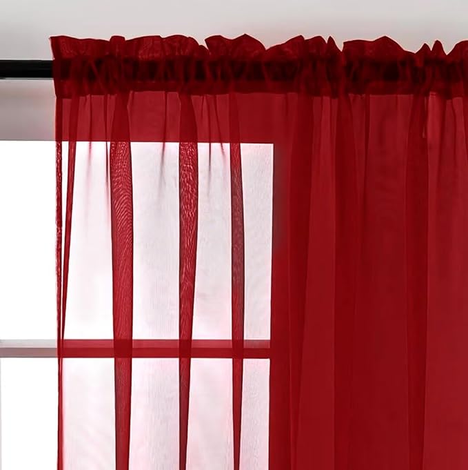 SpaceDresser Basic Rod Pocket Sheer Voile Window Curtain Panels Christmas Red 1 - Image 8