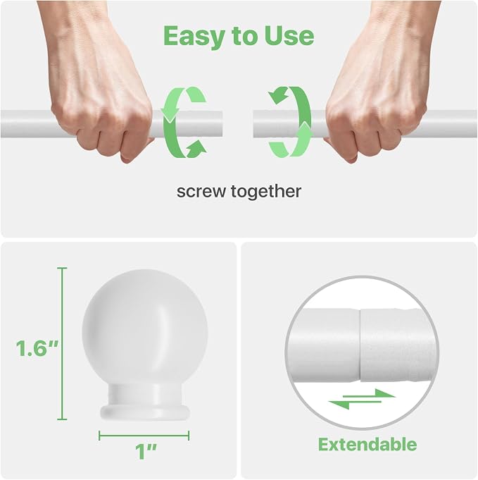 White Curtain Rods for Windows 28 to 60 inch, Adjustable Curtain Rod Set - Image 5
