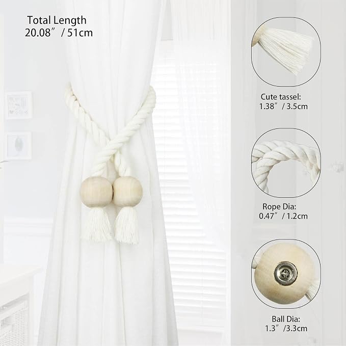 4 Pack Magnetic Curtain Tiebacks Cotton Hand Woven Tie Back Decorative Rope - Image 2