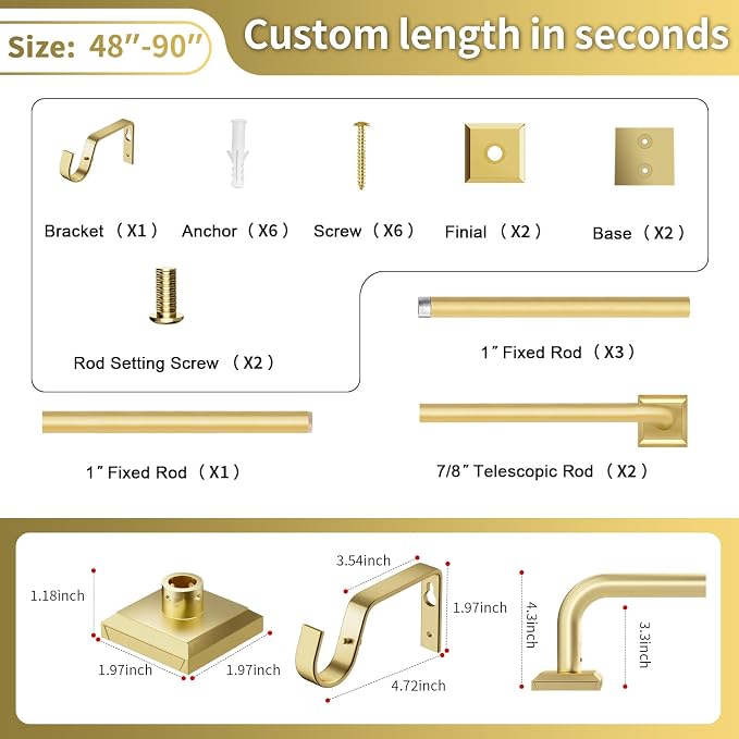 Gold Curtain Rods for Windows 48-90Inch Heavy Duty Wrap Around Blackout Curtain - Image 8