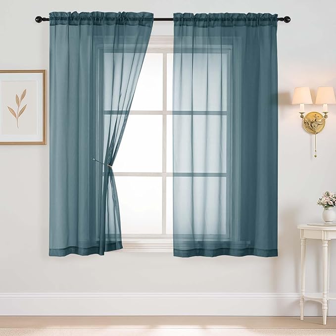 Dusty Blue Sheer Curtains 63 Inch Length 2 Panels, Voile Sheer Curtain by Home