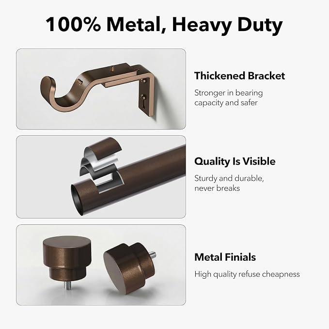 IFELS Heavy Duty Curtain Rods for Windows 66 to 120 Inch, 1 Inch Bronze Window - Image 3