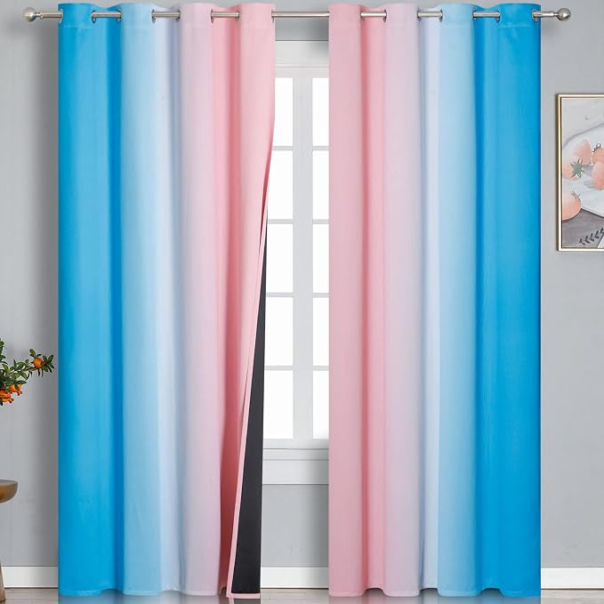 Pink and Blue Blackout Curtains 84 Inches Long, Ombre and Wave Line Pattern by ESTELARTEXTILER
