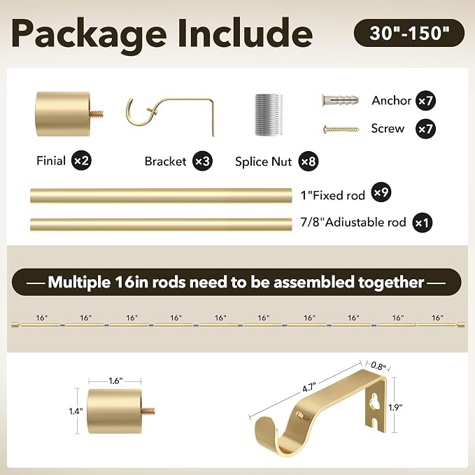 IFELS Heavy Duty Curtain Rods for Windows 72 to 144 Inch, 1 Inch Gold Curtain - Image 6