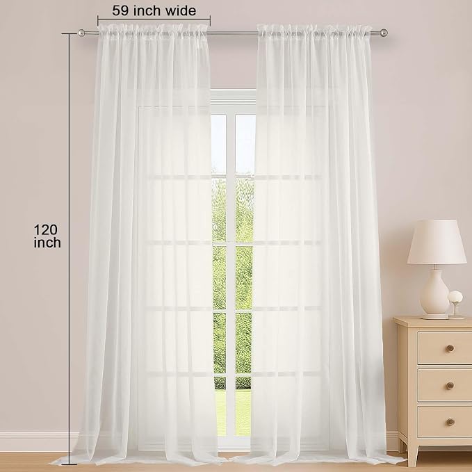 OWENIE Ivory Sheer Curtains 120 Inches Long 2 Panels Set, Airy Lightweight - Image 2