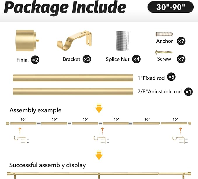 GEEBOBO Gold Curtain Rods for Windows 48 to 84 Inch, 1 Inch Adjustable Heavy - Image 6