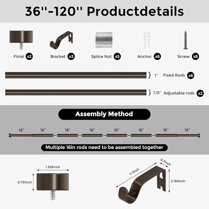 VOIIY Bronze Curtain Rods for Windows 66 to 120 Inch, Size:36-120 Inch - Image 8