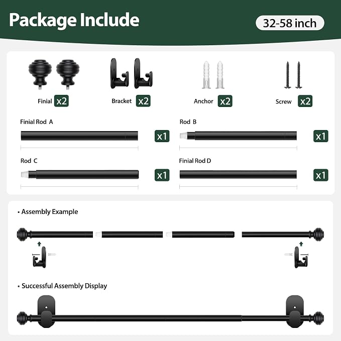 KAMANINA No Drill Curtain Rods for Windows 32 to 58 Inches, 5/8 Inch Renter - Image 6
