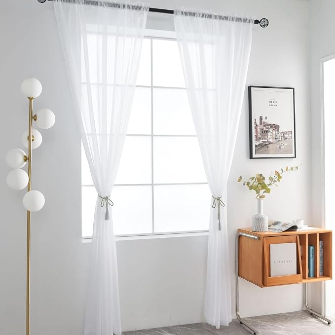 SpaceDresser Sheer White Curtains 4 Panels Rod Pocket Semi-Sheer Curtain 45 - Image 3
