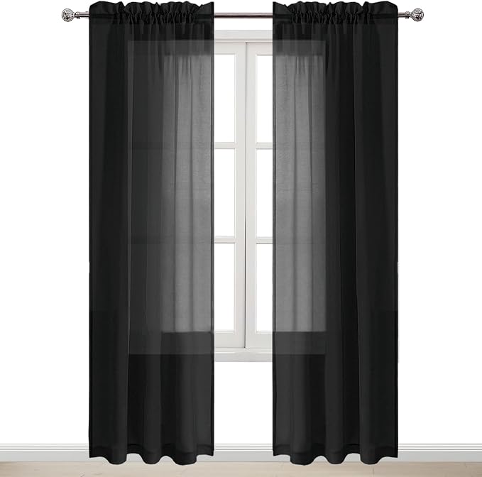 DWCN Black Sheer Curtains Semi Transparent Voile Rod Pocket Curtains - Image 9