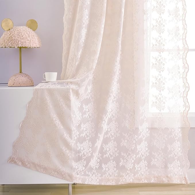 YJ YANJUN Vintage Lace Curtains 84 Inches Long-Victorian Floral Dusty Pink by YJYANJUN