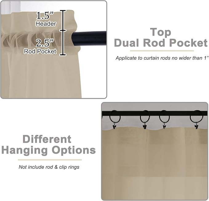 Sheer Taupe Curtains for Bedroom Living Room 90 Inches Long 2 Panels Set - Image 4