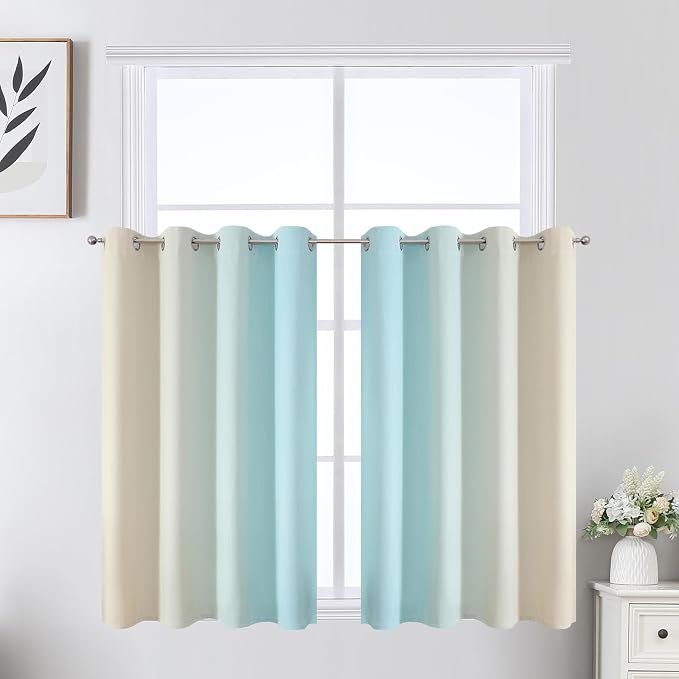 Estelar Textiler Beige and Aqua Ombre Short Blackout Cafe Curtains 36 Inch - Image 2