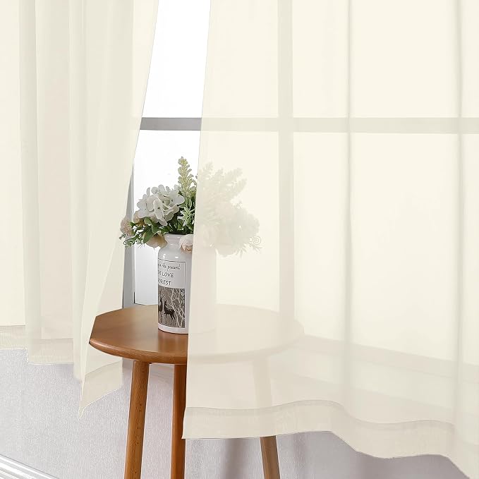 Lecloud Cream Sheer Curtains 54 Inch Length 2 Panels, Voile Airy Curtains - Image 3