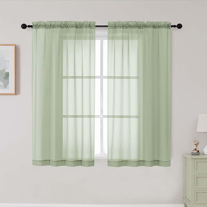 Light Green Sheer Curtains for Bedroom Living Room 45 Inch Length 2 Panels by WelvetBLK