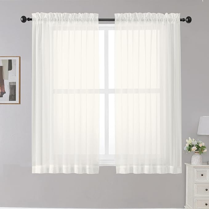 OWENIE Sheer Curtains Ivory, Short Panels Rod Pocket 2 Panels, Cafe Curtains by OWENIE