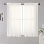 OWENIE Sheer Curtains Ivory, Short Panels Rod Pocket 2 Panels, Cafe Curtains by OWENIE