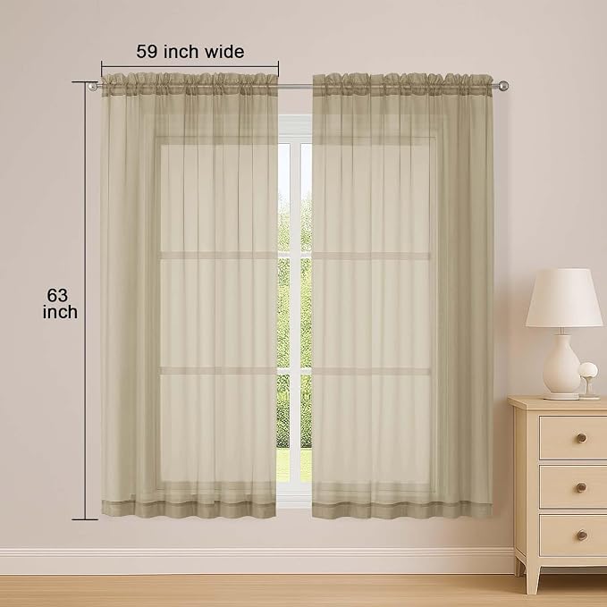 OWENIE Sheer Taupe Curtains, Sheer Curtains 63 inch Length 2 Panels Set - Image 2