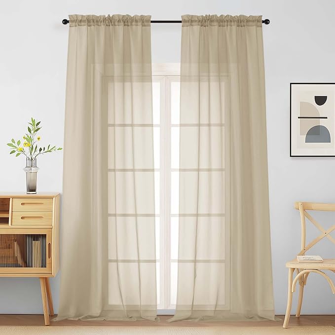 Taupe Sheer Curtains for Window 96 Inches Long 2 Panels Set, Soft Airy Light by Home