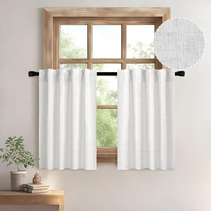 MIULEE White Curtains 24 Inch Length 2 Panels, Soft Thick Linen Textured Semi by MIULEE