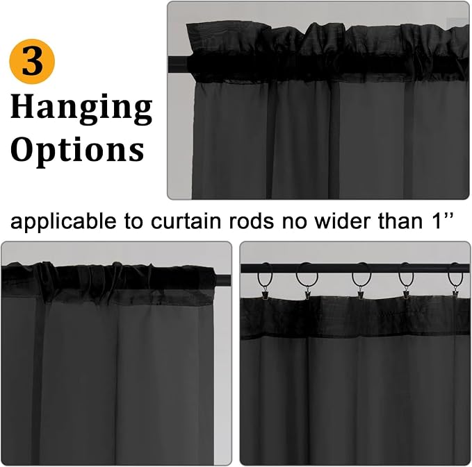 Gwine Black Sheer Curtains 90 Inches Long 2 Panels Set, Light Filtering Solid - Image 4