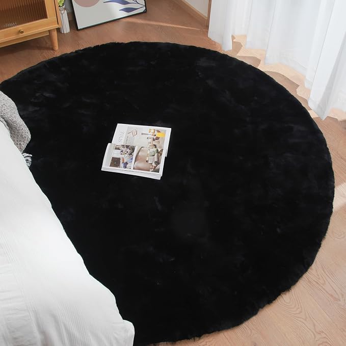 ORINOVA Black Round Area Rug 5ft Washable Faux Fluffy Fur Rug - Image 4