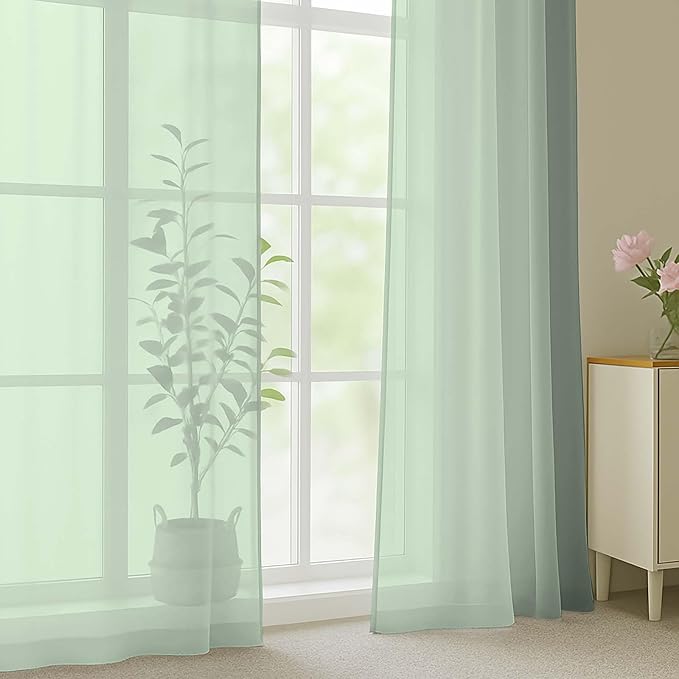 OWENIE Sage Green Sheer Curtain 90 Inches Long 2 Panels Set, Solid Filmy Drapes - Image 3