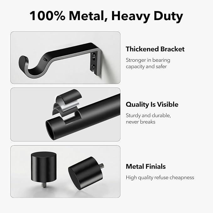 IFELS Heavy Duty Curtain Rods for Windows 72 to 144 Inch, 1 Inch Black Curtain - Image 4