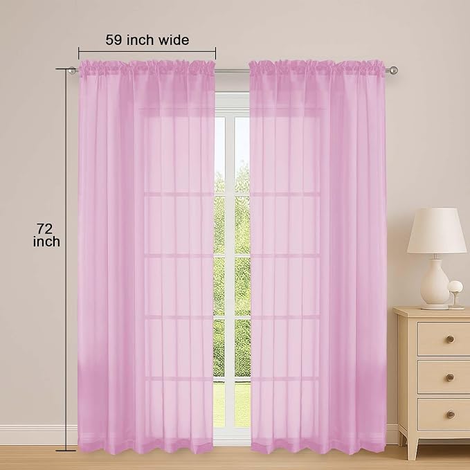 OWENIE Pink Sheer Curtains 72 Inches Long 2 Panels Set, Transparent Voile Sheer - Image 2