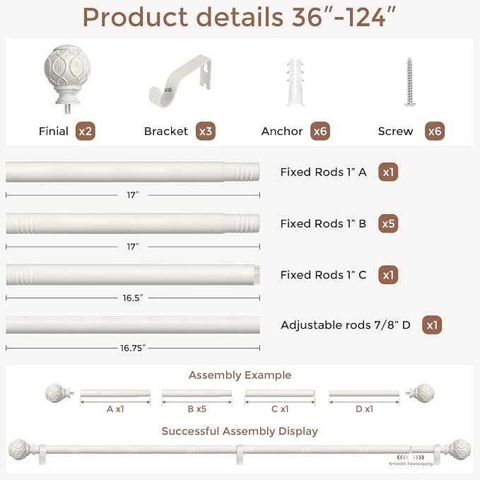 Antique White Curtain Rods for Windows 66 to 120 Inch, Adjustable Vintage - Image 5
