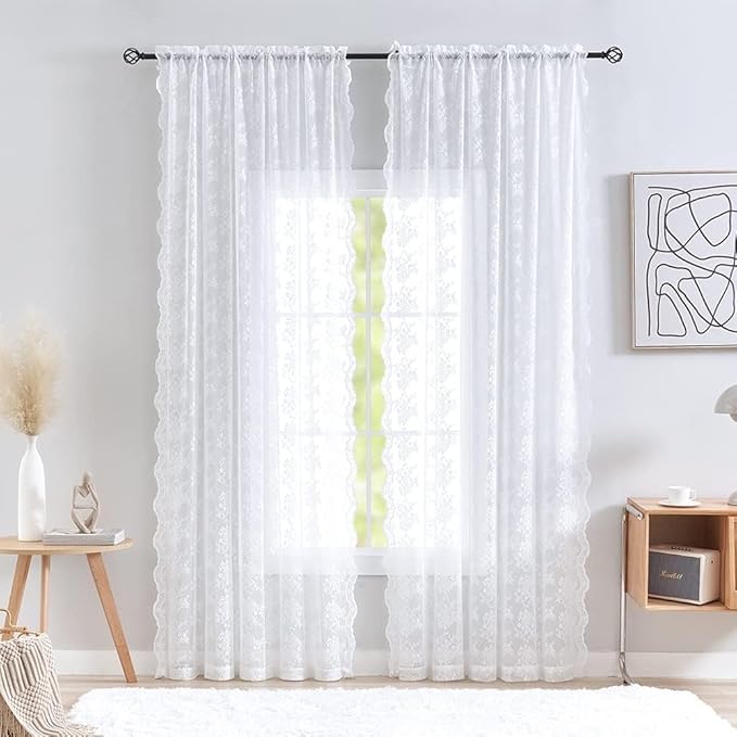 YJ YANJUN Vintage Lace Curtains 120 Inches Long-Victorian Floral Pattern White by YJYANJUN