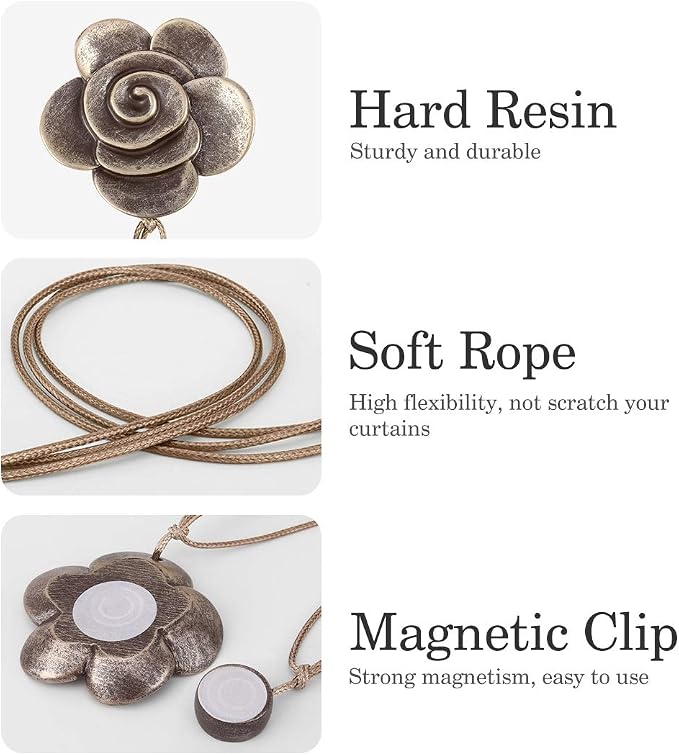 Lewondr Magnetic Curtain Tiebacks, Vintage Curtain Holdbacks, Resin Flower - Image 2