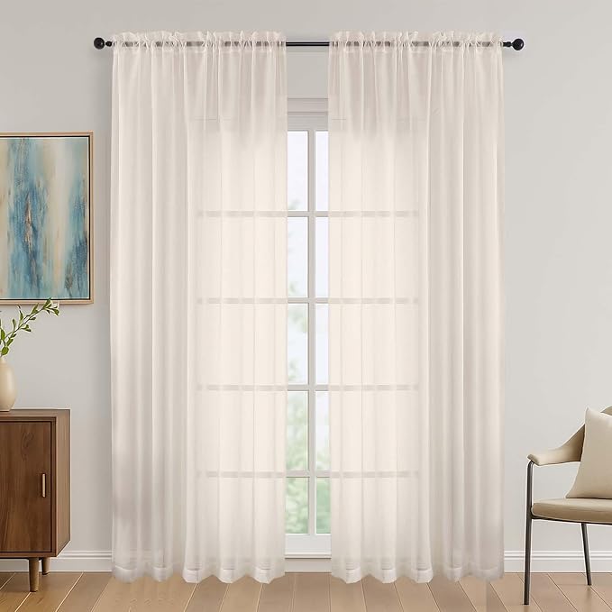OVZME Cream Sheer Curtains 84 Inches Long 2 Panels Set, Light Filtering Sheer by OVZME