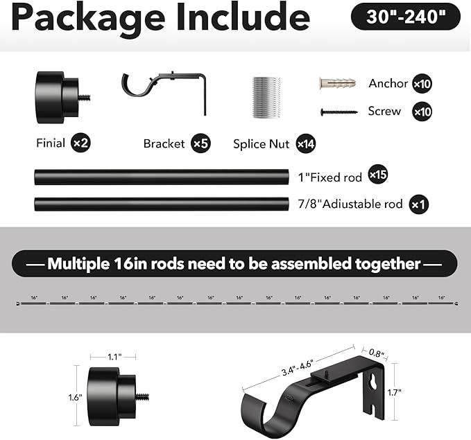 Extra Long Curtain Rods for Windows 32 to 240 Inch, 1 Inch Black Heavy Duty - Image 3
