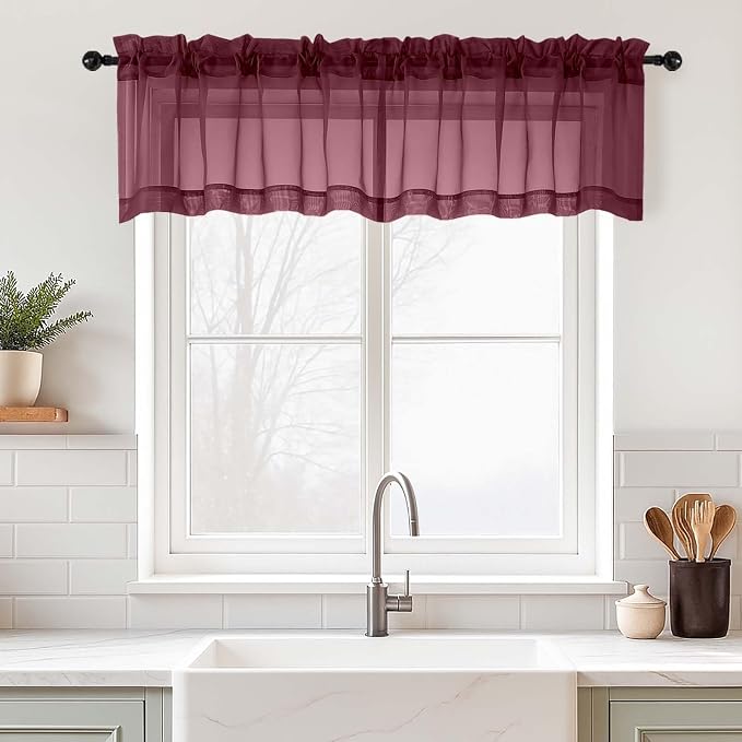 Burgundy Valances for Windows 14 inch Length 2 Panels Set, Small Voile Sheer by Home