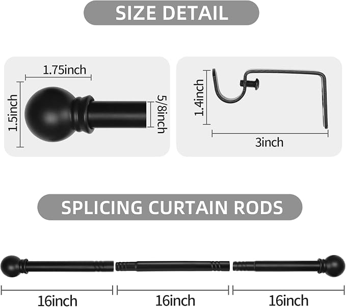 Thestoa Black Curtain Rods for Windows 66 to 120 inch, 5/8" Diameter Matte - Image 3