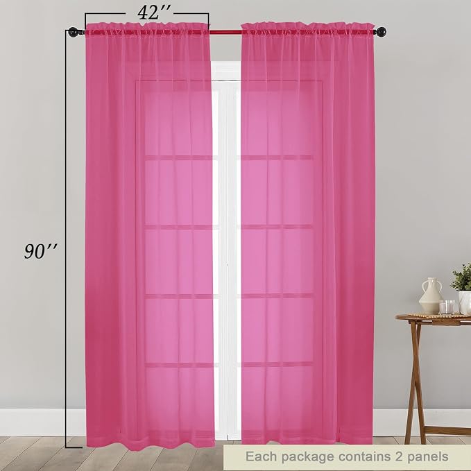Sheer Hot Pink Curtains for Bedroom Living Room 90 Inches Long 2 Panels Set - Image 2